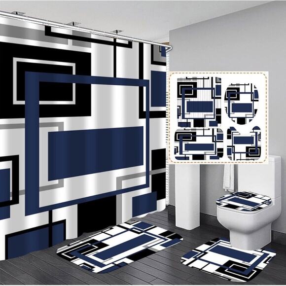 Yddsky Other - Yddsky 4 Pcs Blue Geometric Shower Curtain Sets Non-Slip Rugs Bath Mat, Toilet